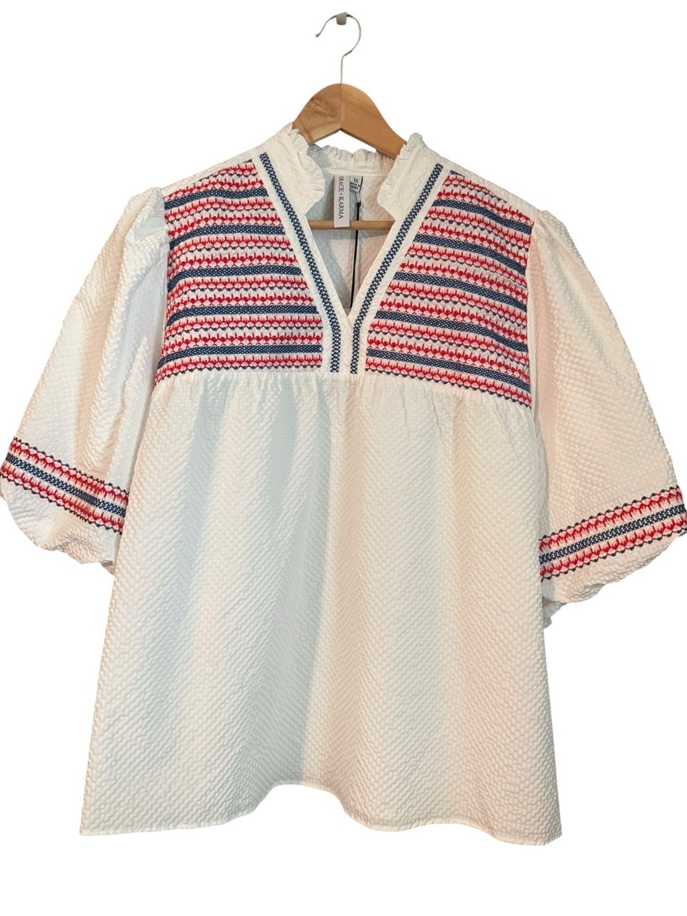 Grace + Karma Embroidered Peasant Tunic Puff Sleeve White Red & Blue NWT 1X